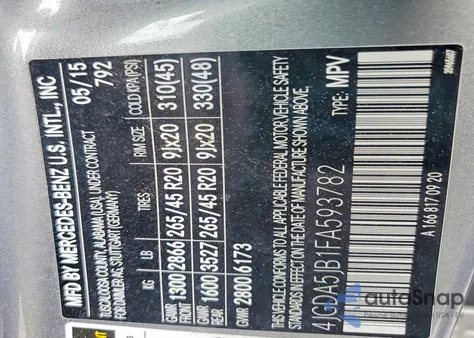 2015 Mercedes-Benz Ml 350 из США, поврежденный, VIN 4JGDA5JB1FA593782